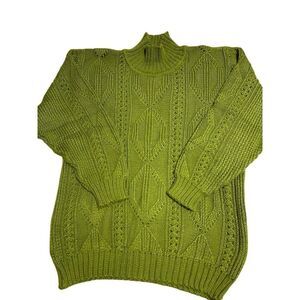 Olive Open Knit Heritage Cable Mockneck Sweater, OS. Balloonsleeves